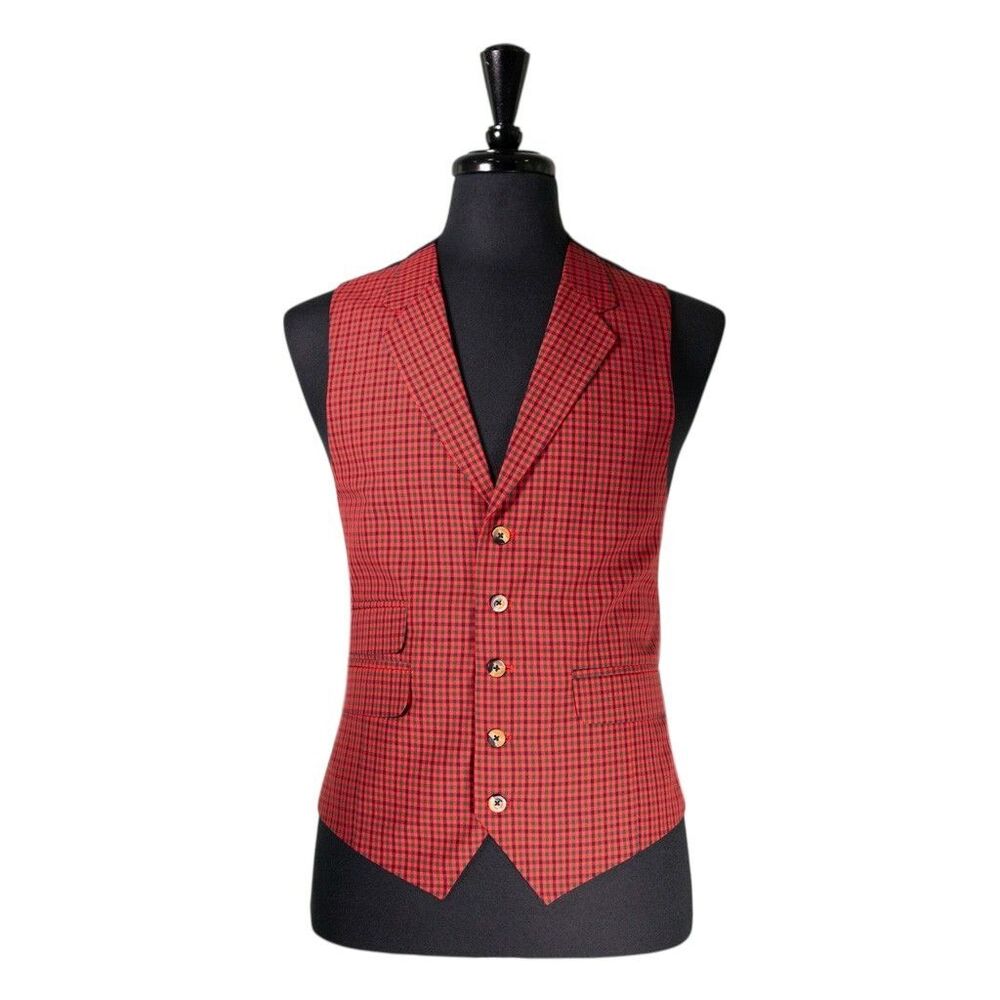 Mens 42R Wool Vest Red Green Blue Check Waistcoat Preppy Casual Formal Party